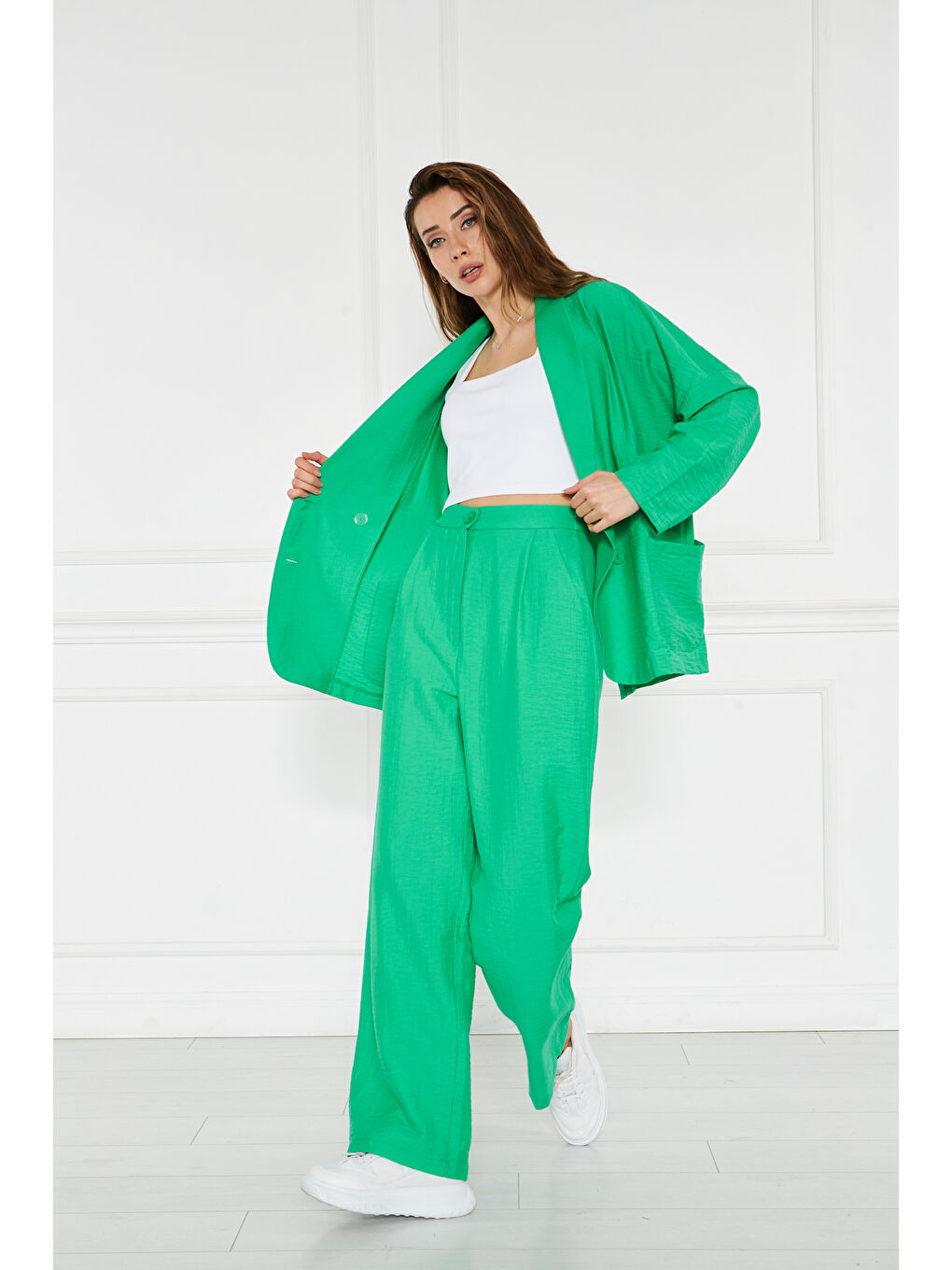 Kadın Oversize Ceket Bol Pantolon Yeşil İkili Takım-2
