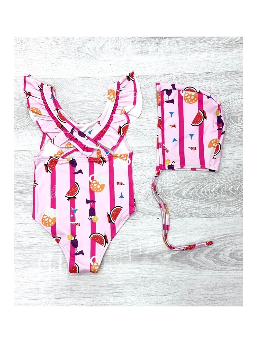 Pembe Sırttan Çapraz Fırfır Detaylı Boneli Kız Çocuk Mayo-1