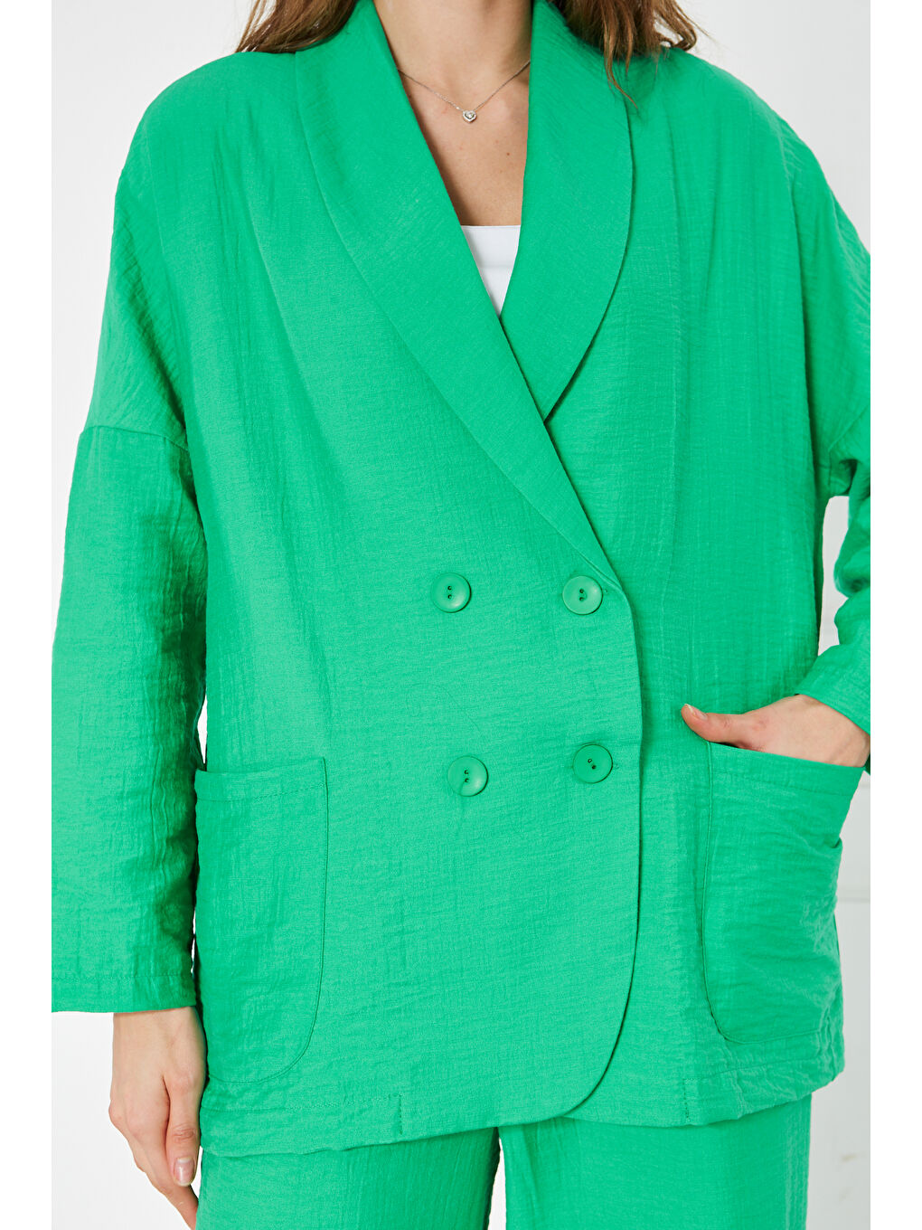 Kadın Oversize Ceket Bol Pantolon Yeşil İkili Takım-4