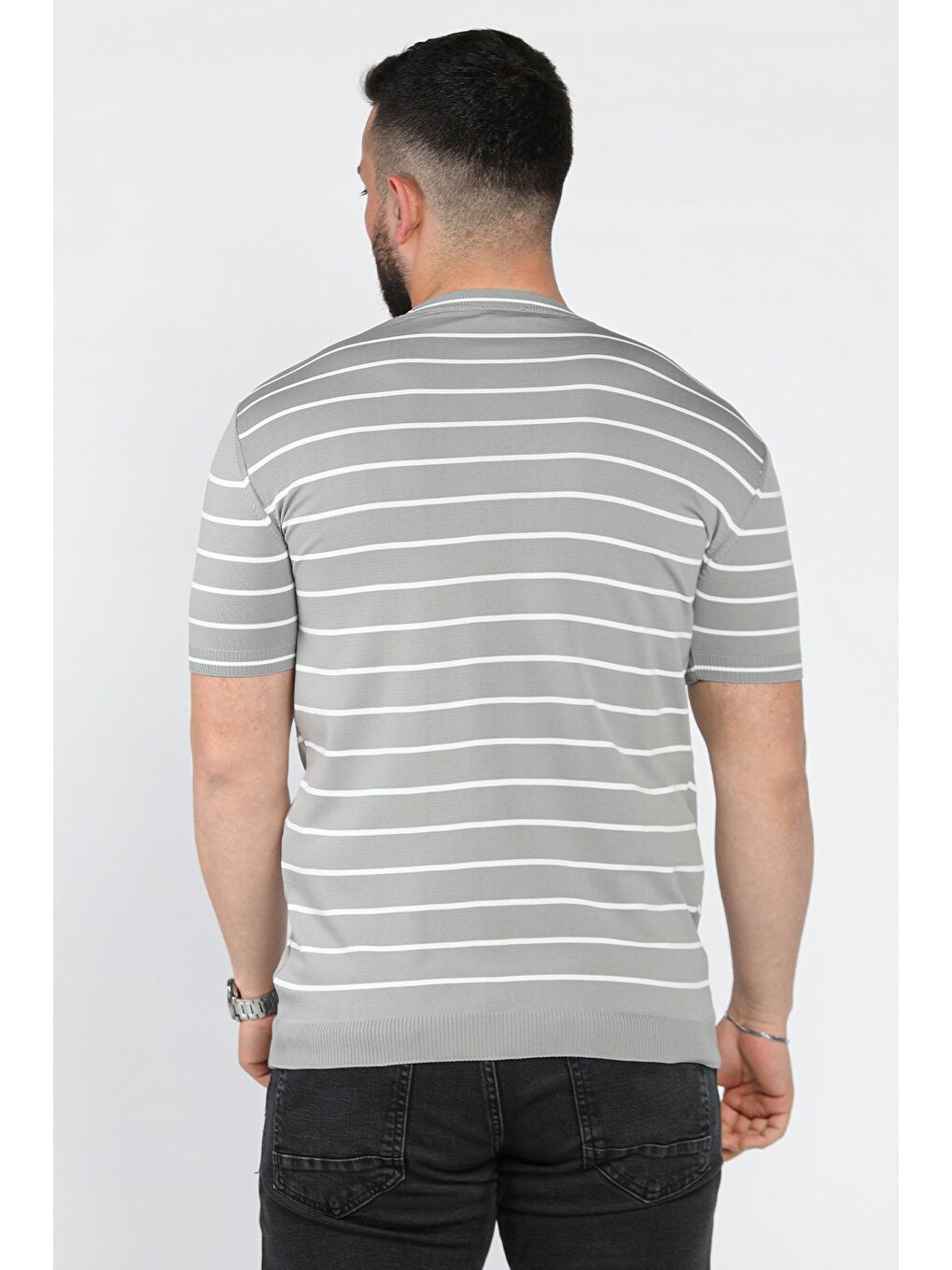Gri Erkek Bisiklet Yaka Çizgili Triko Tişört-2