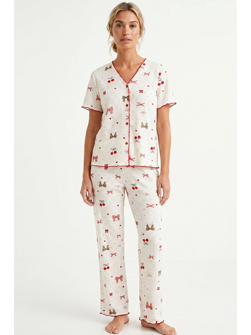 Karışık Yumuşak Tuşe Yazlık Fitilli Pamuklu Örme Pijama Takım 7994-1