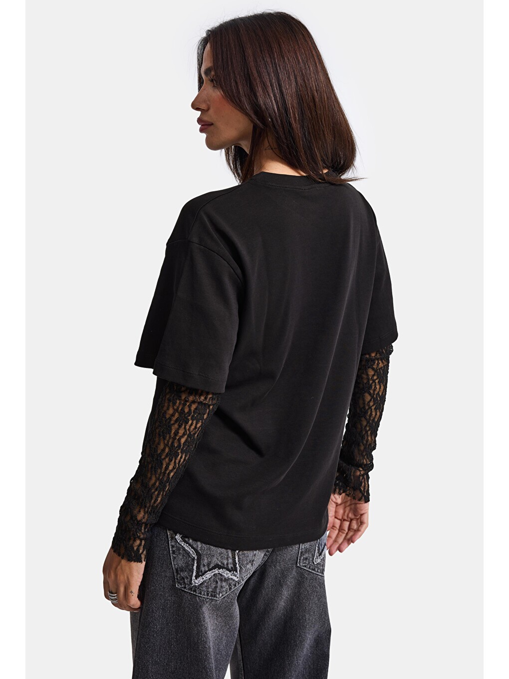 Kadın Siyah W6-1 Oversize Dantel Detaylı Uzun Kollu Tasarım T-shirt-5