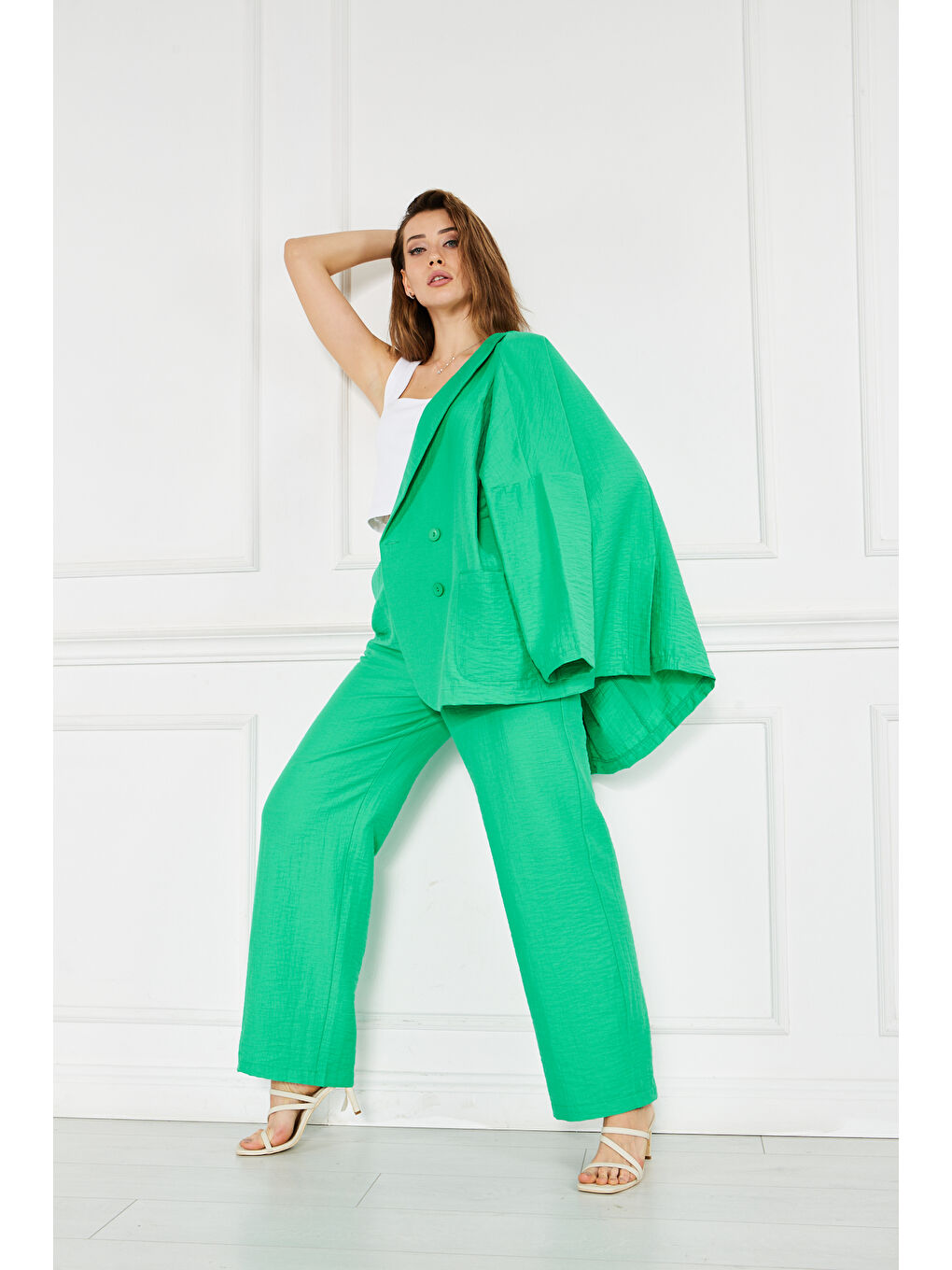 Kadın Oversize Ceket Bol Pantolon Yeşil İkili Takım-5