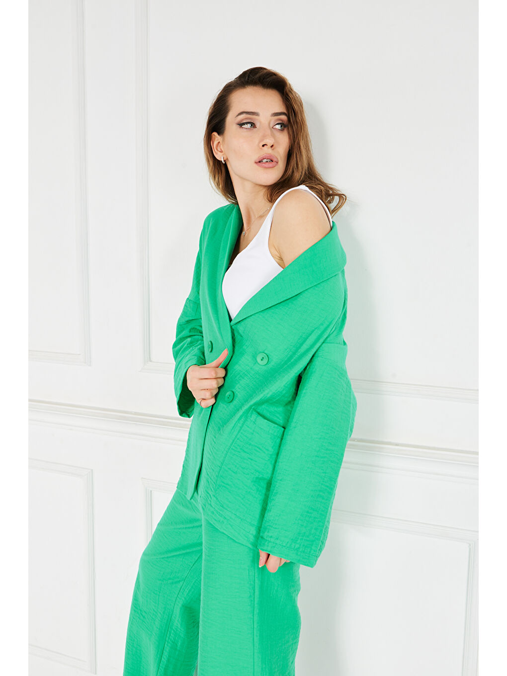 Kadın Oversize Ceket Bol Pantolon Yeşil İkili Takım-6