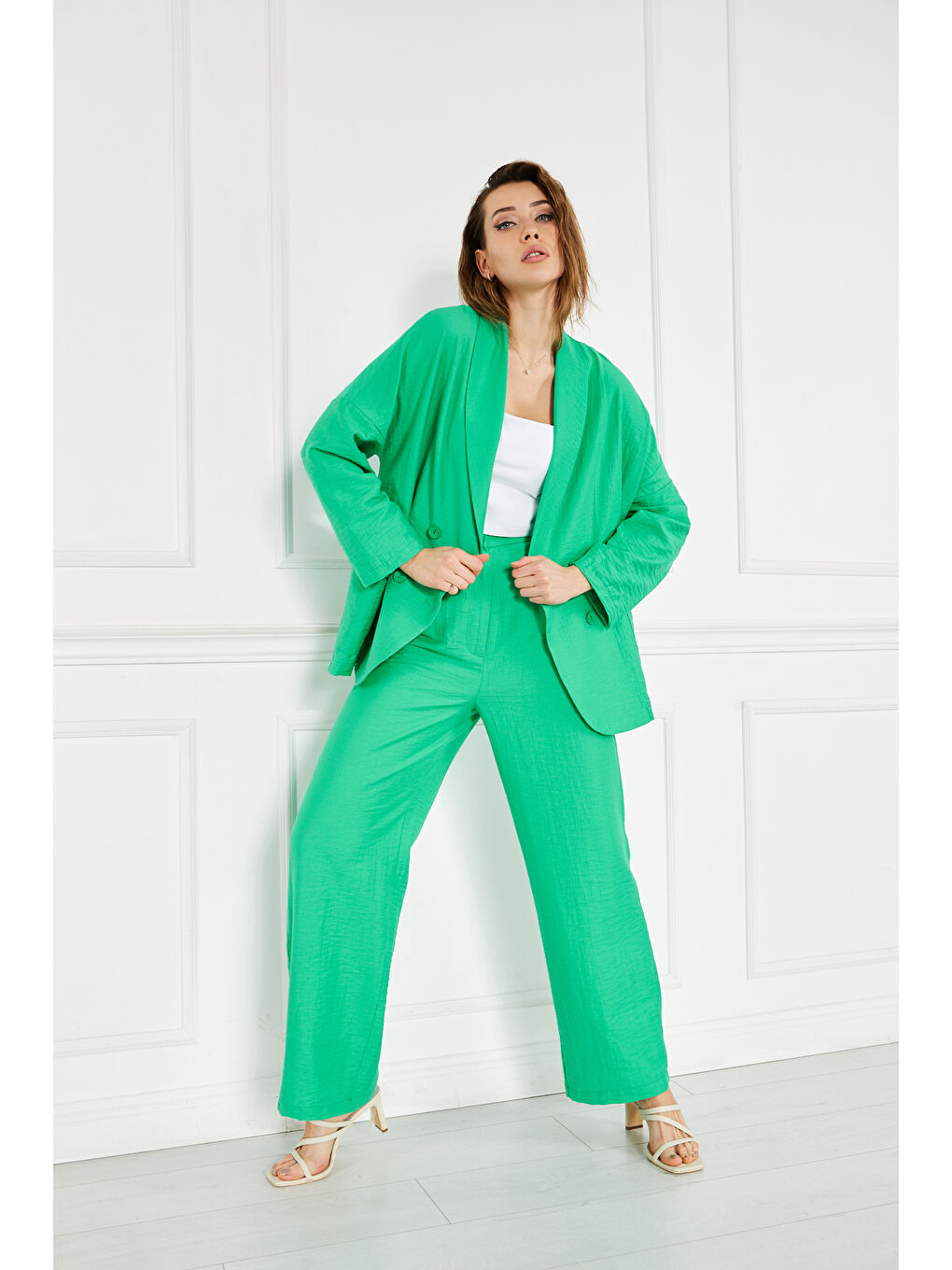 Kadın Oversize Ceket Bol Pantolon Yeşil İkili Takım-7