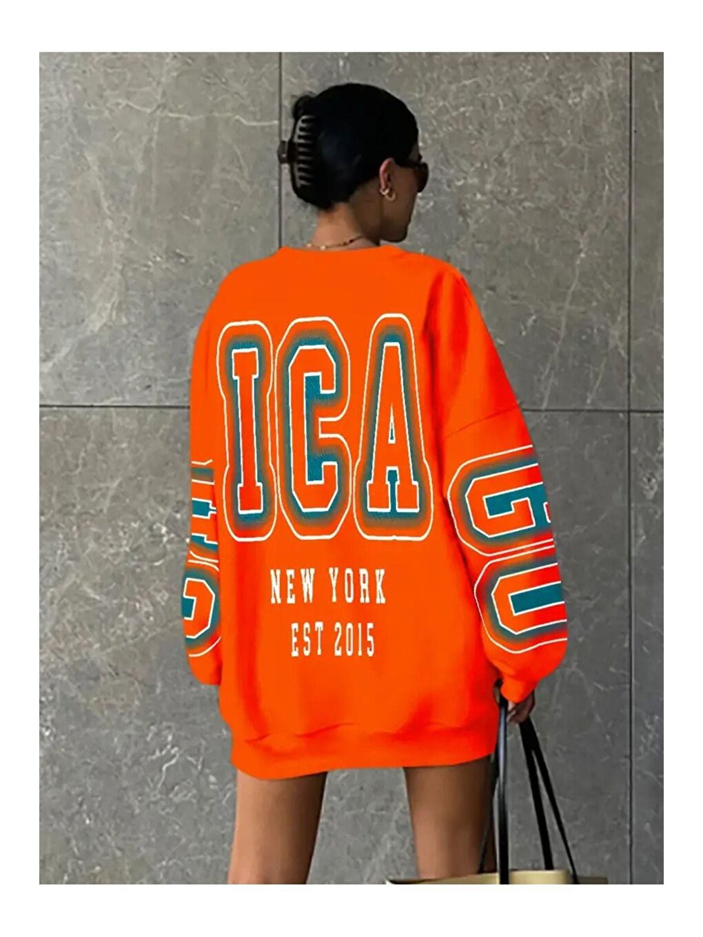 Trendseninle Turuncu Kadın Turuncu Kolları Vivid Color Chicago Baskılı Oversize Bisiklet Yaka Sweatshirt - 3