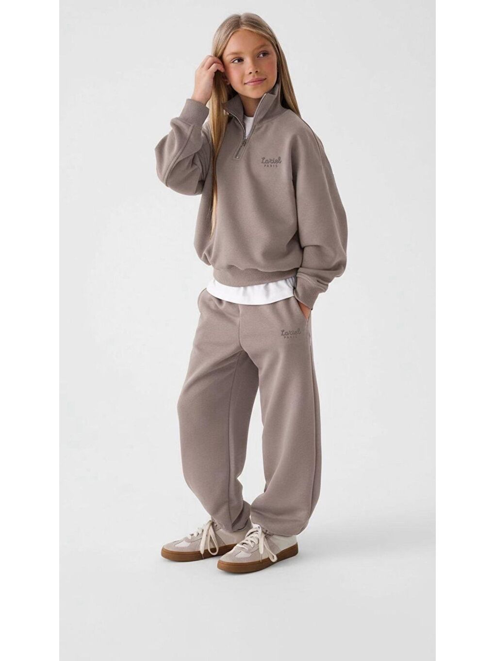 Bej Kız Çocuk Pamuklu Kahverengi Fermuarlı Sweatshirt Eşofman Takım - Oversize Fit