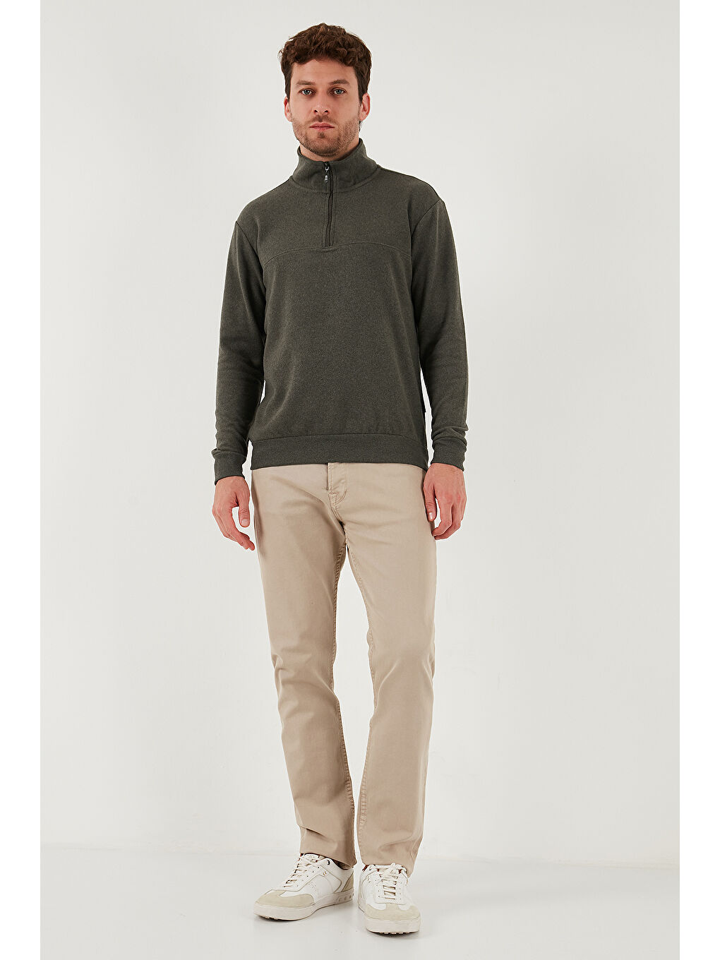 Haki Pamuklu Regular Fit Yarım Fermuarlı Dik Yaka Kazak 456112-1