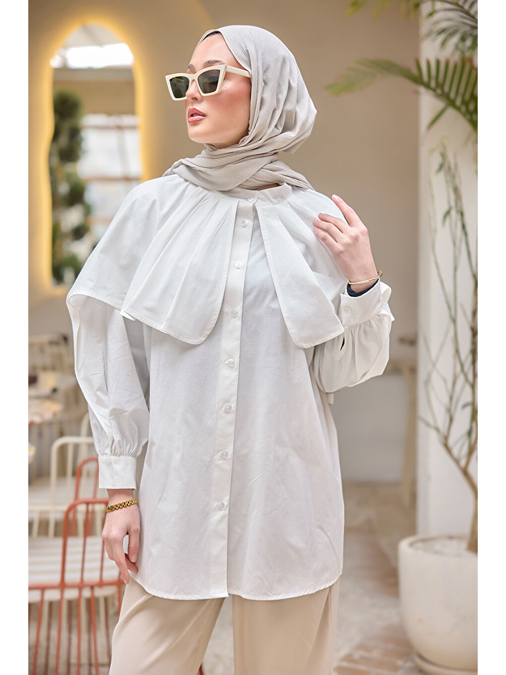 Kadın Balon Kol Çift Yaka Gömlek Beyaz-1