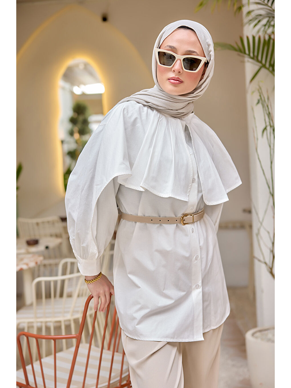 Kadın Balon Kol Çift Yaka Gömlek Beyaz-2