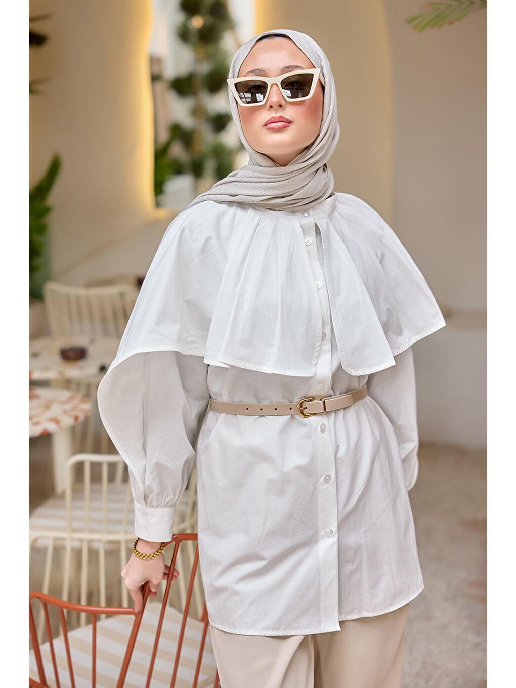 Kadın Balon Kol Çift Yaka Gömlek Beyaz-3