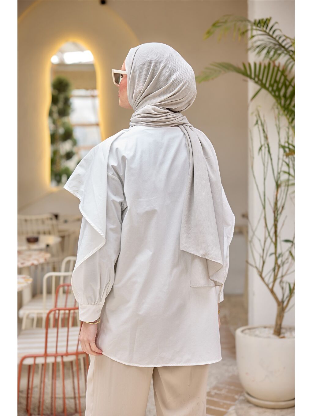 Kadın Balon Kol Çift Yaka Gömlek Beyaz-4