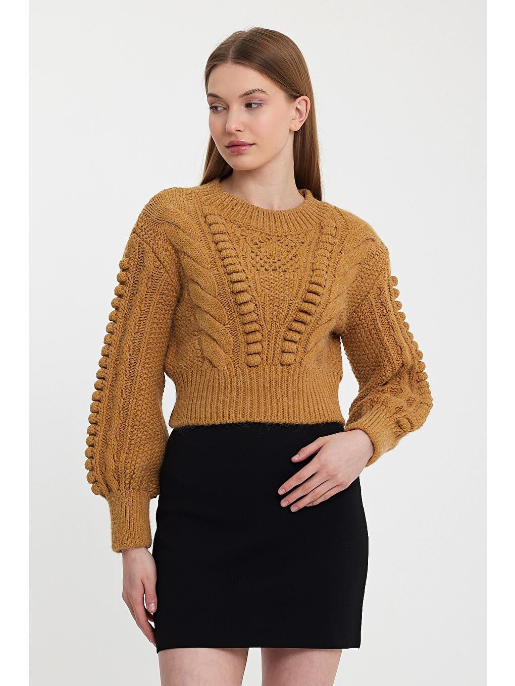 Kahverengi Camel Örgü Desen Bisiklet Yaka Triko Kazak