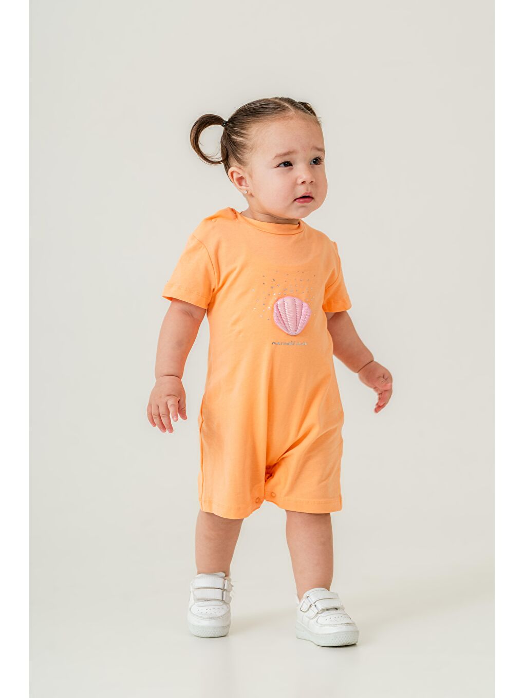 Kız Bebek Pamuklu Turuncu Deniz Kabuğu Baskılı Tulum - Kısa Kollu Yazlık-2