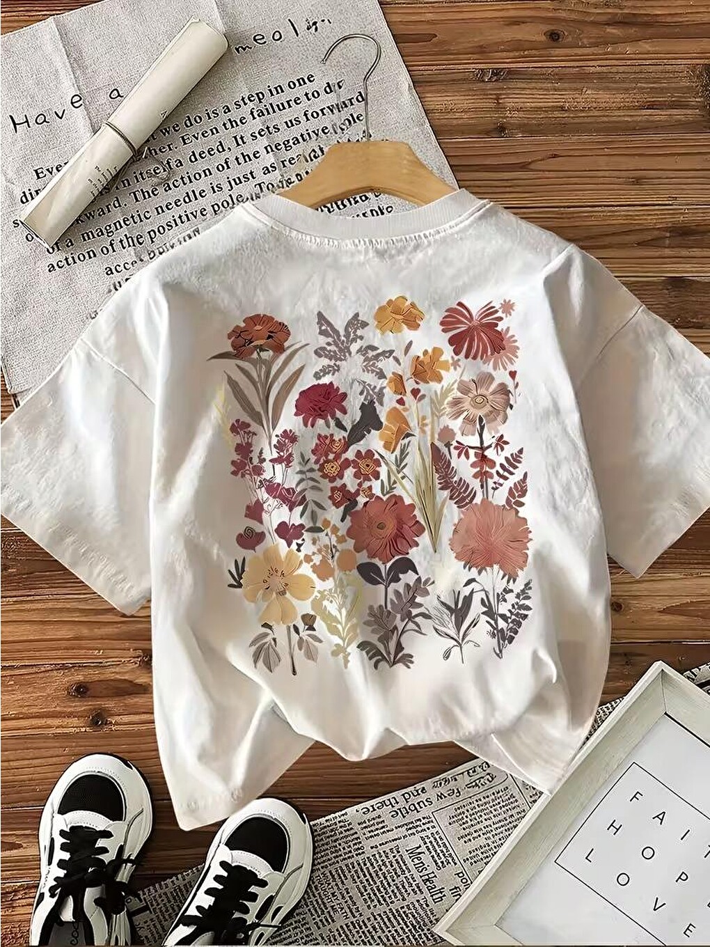 Beyaz Retro Botanik Sırt Baskılı Çiçek Desenli Premium Kadın Oversize T-Shirt-3