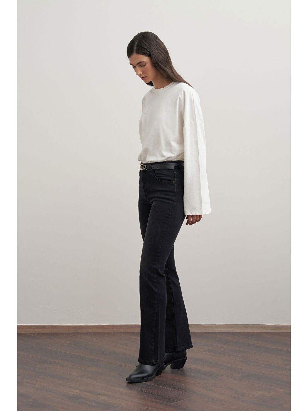 Antrasit-Orta Bel Flare Paça Jean Pantolon-1