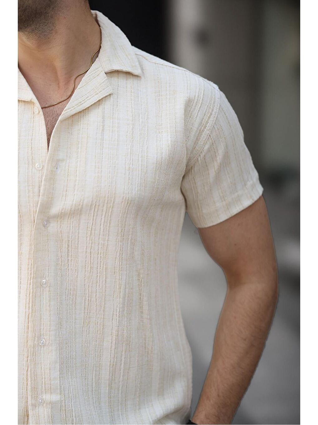Ekru Erkek Yazlık Elastanlı Slim Fit Gömlek Yaka Kısa Kollu Gömlek-1