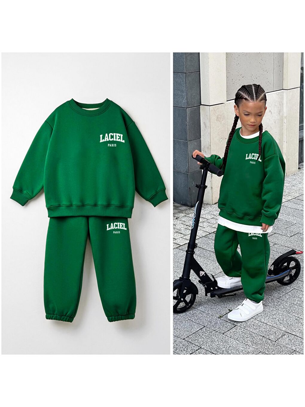 Unisex Çocuk Pamuklu Yeşil Sweatshirt Eşofman Alt-Üst Takım-3