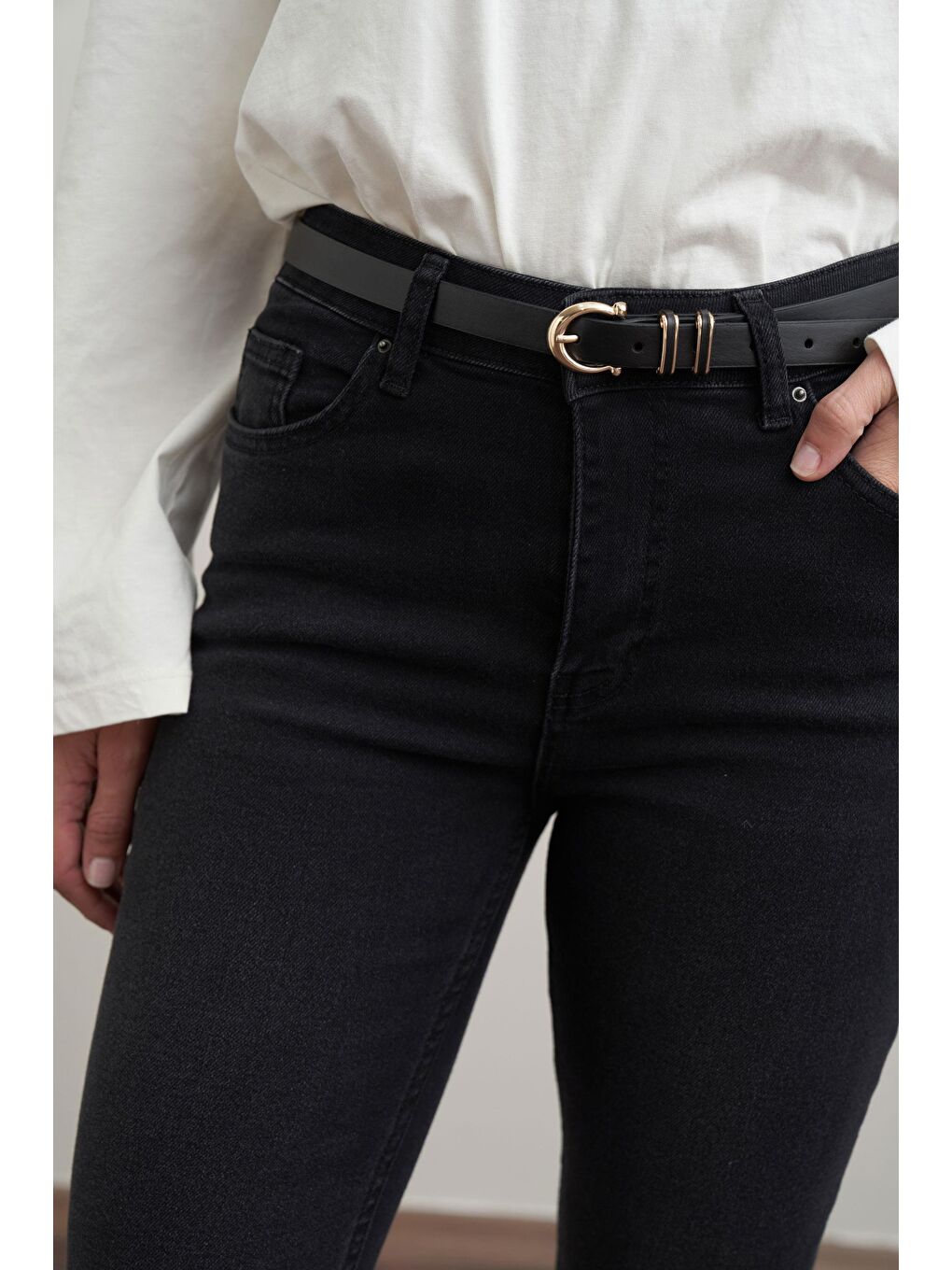 Antrasit-Orta Bel Flare Paça Jean Pantolon-4