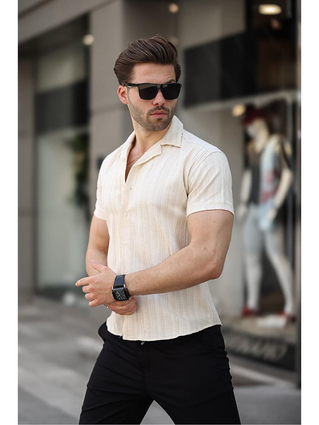 Ekru Erkek Yazlık Elastanlı Slim Fit Gömlek Yaka Kısa Kollu Gömlek-2