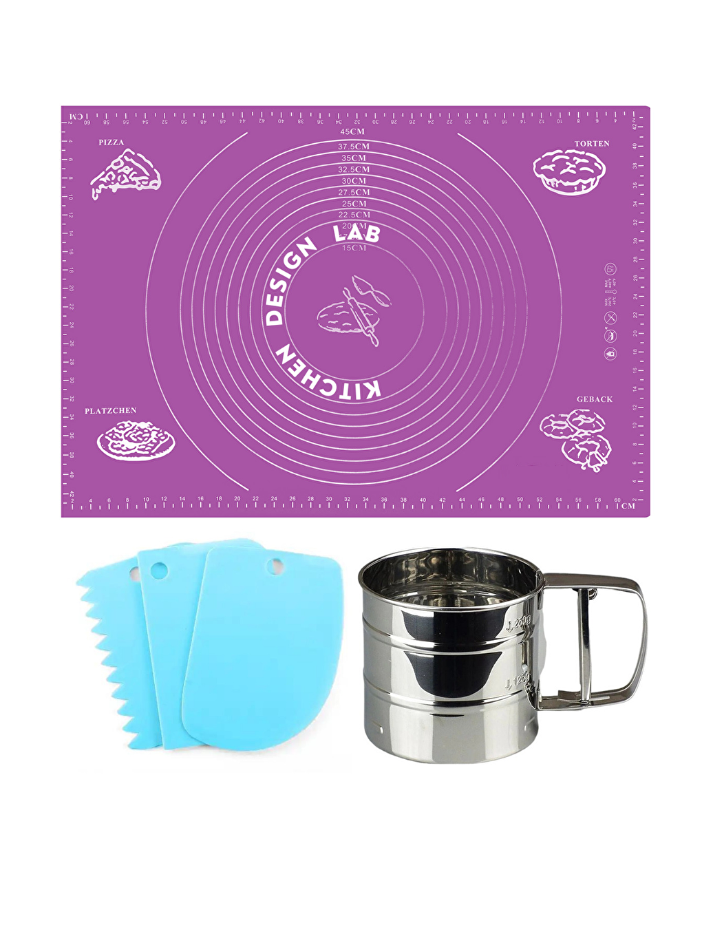 Karışık Mor 45x65 cm Silikon Hamur Açma Matı Çelik Un Eleği ve Hamur Şekillendirme Seti 3’lü