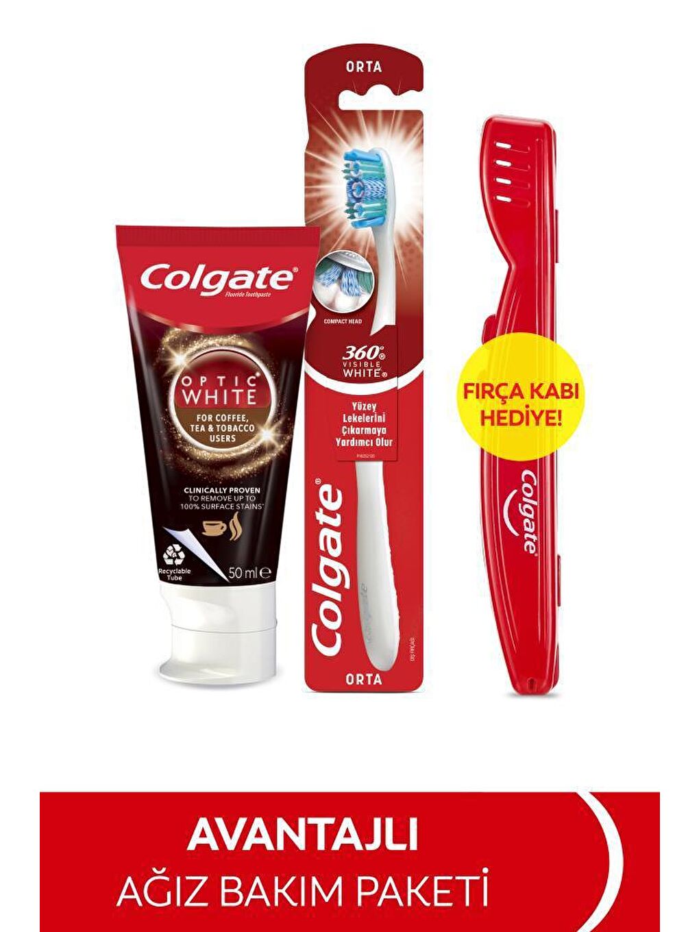 Colgate Karışık Optic White Kahve,Çay ve Tütün için Beyazlatıcı Diş Macunu 50 ml+Orta Diş Fırçası