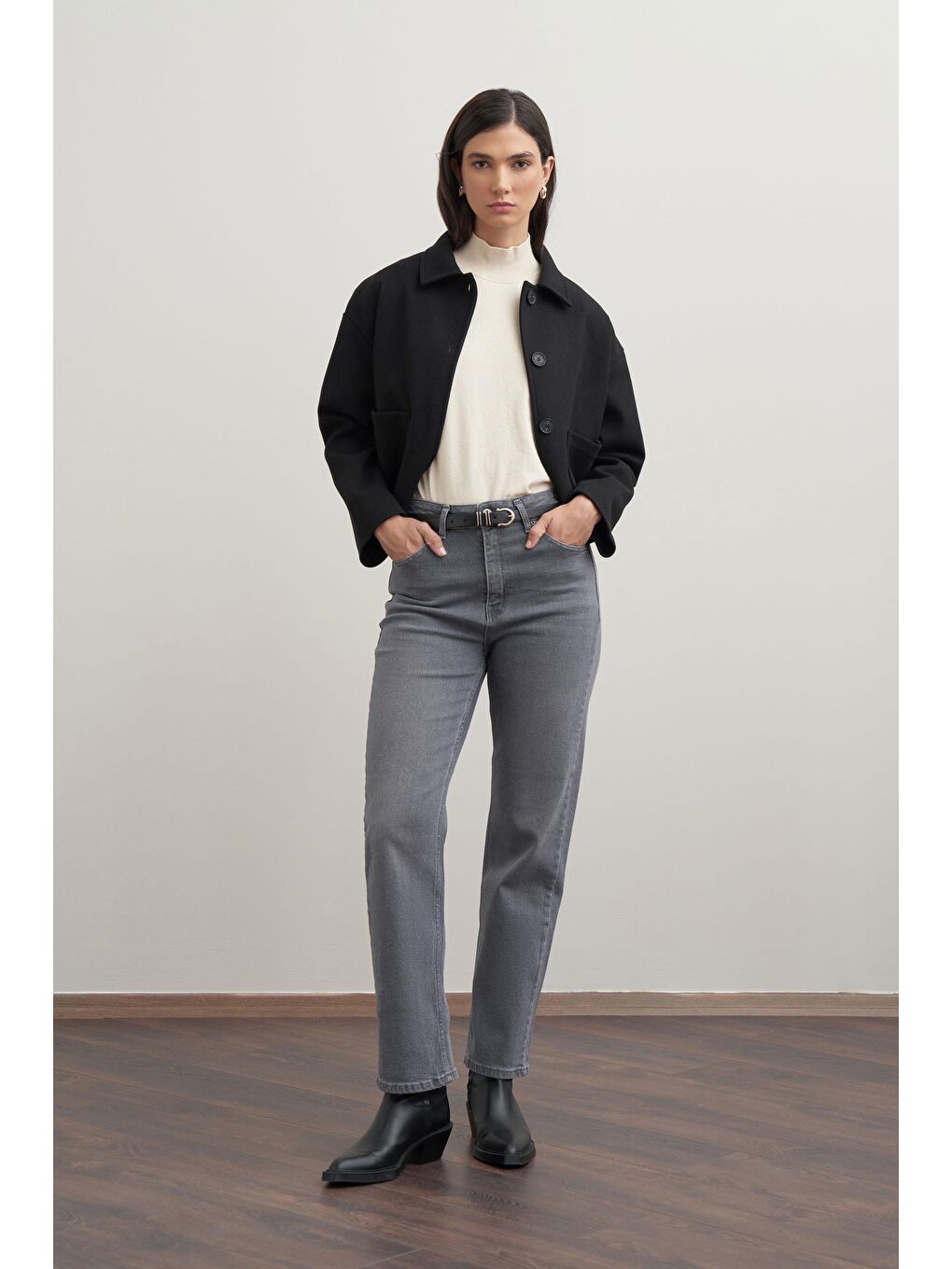 Gri-Yüksek Bel Boru Paça Jean Pantolon