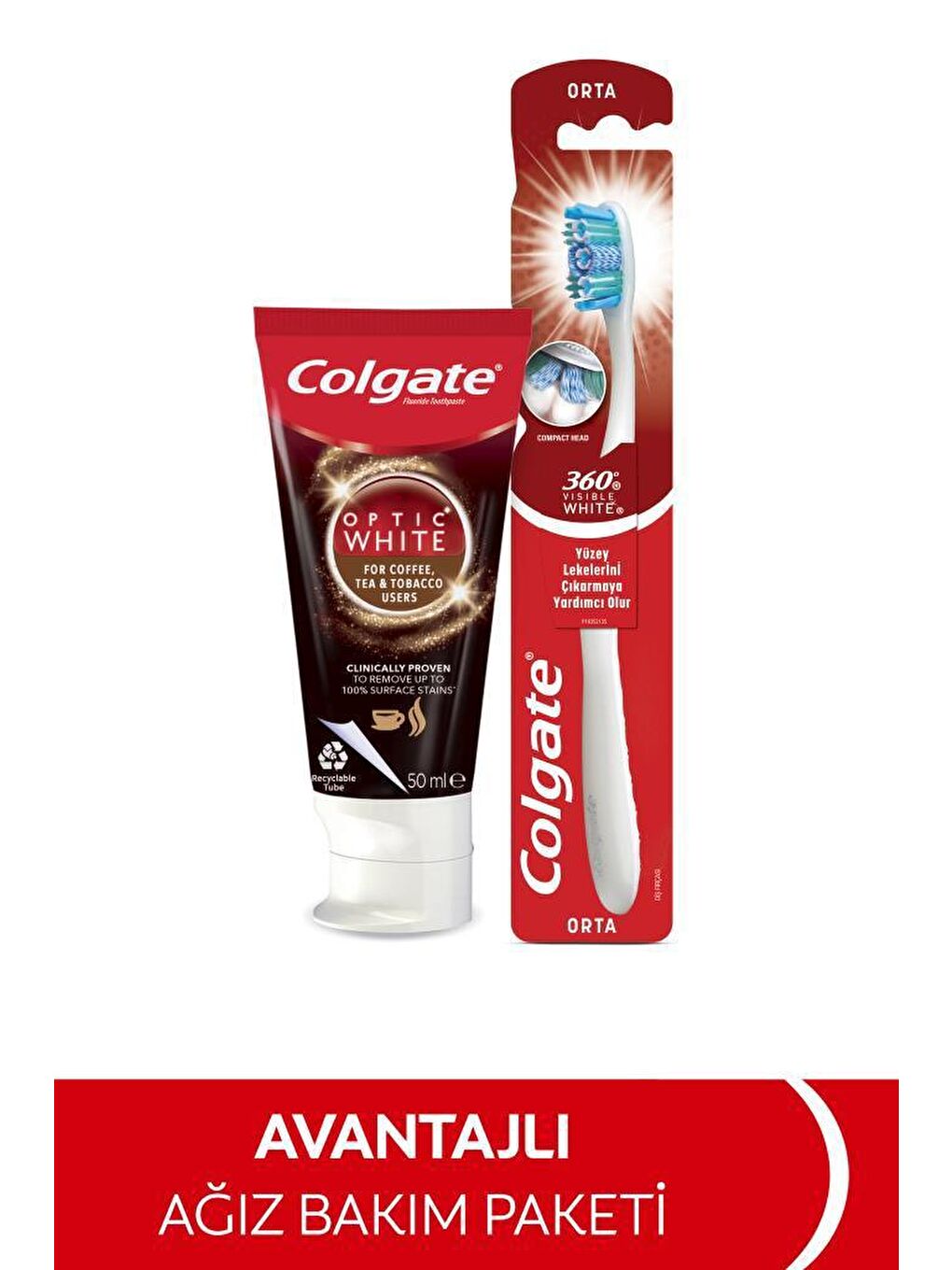 Colgate Karışık Optic White Kahve,Çay ve Tütün için Beyazlatıcı Diş Macunu 50 ml+Orta Diş Fırçası - 1