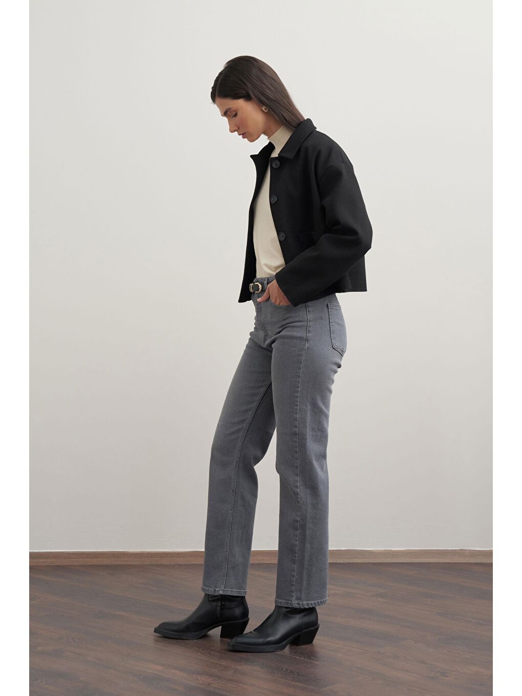 Gri-Yüksek Bel Boru Paça Jean Pantolon-1