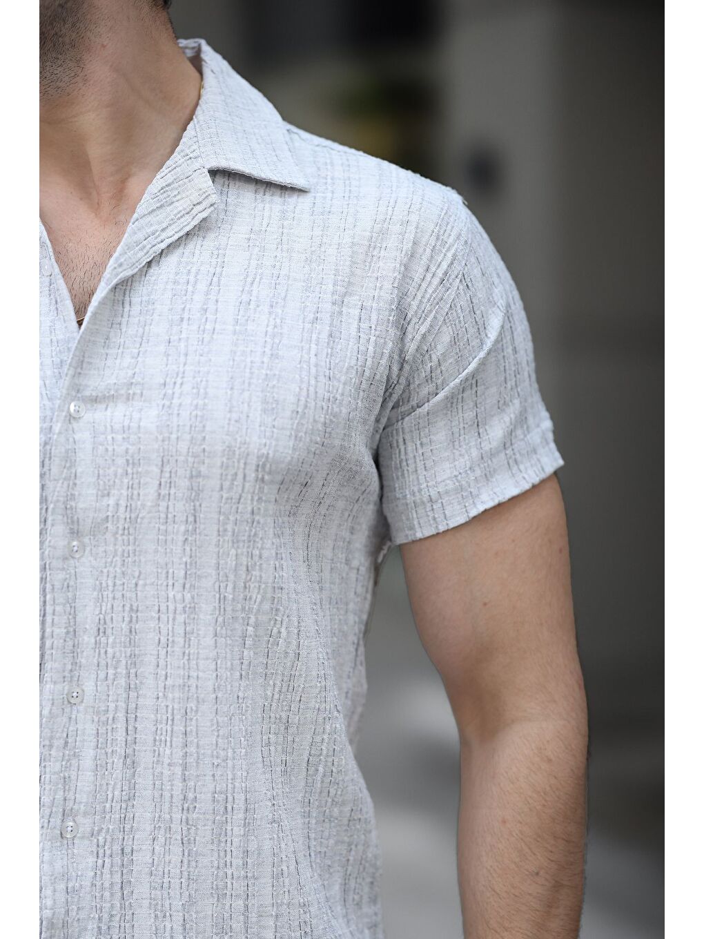 Gri Erkek Yazlık Elastanlı Slim Fit Gömlek Yaka Kısa Kollu Gömlek-1