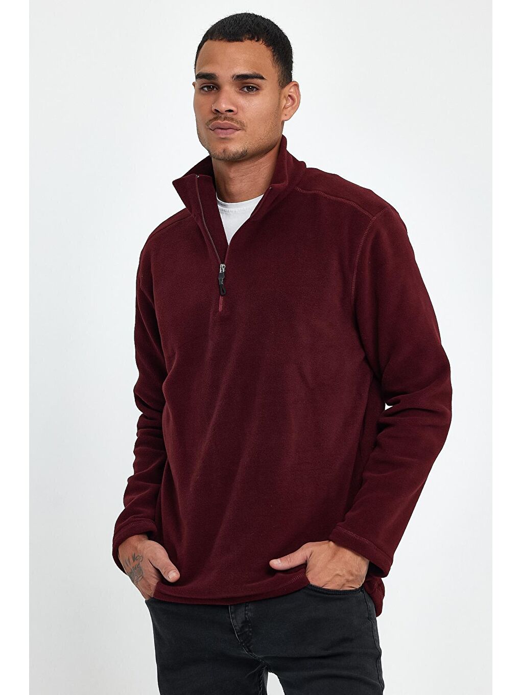 Bordo Erkek Rahat Kalıp Softech Polar Yarım Fermuarlı Sweatshırt spr24pw20-2