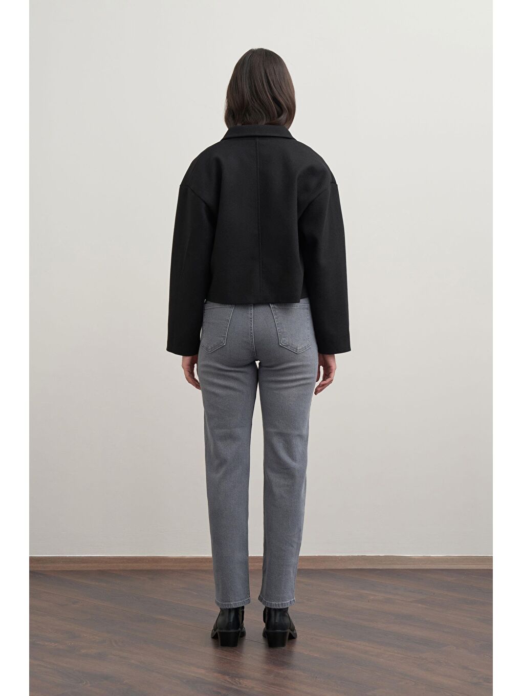 Gri-Yüksek Bel Boru Paça Jean Pantolon-2