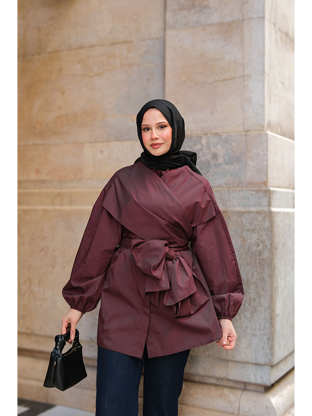 Kadın Önü Drape Detay Poplin Gömlek Bordo-1