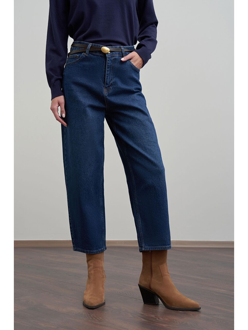 Mavi-Yüksek Bel Mom Paça Jean Pantolon-3