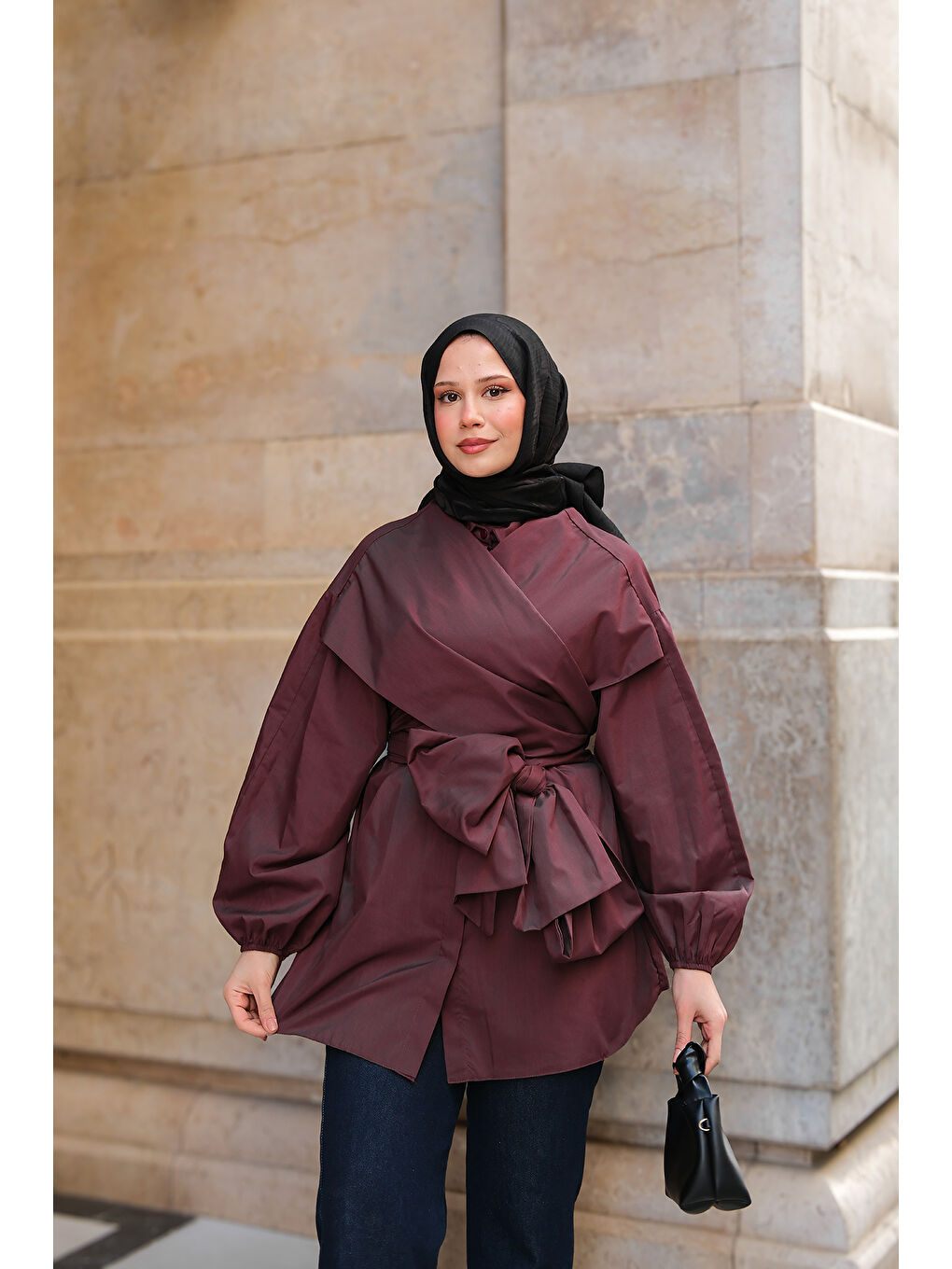 Kadın Önü Drape Detay Poplin Gömlek Bordo-2