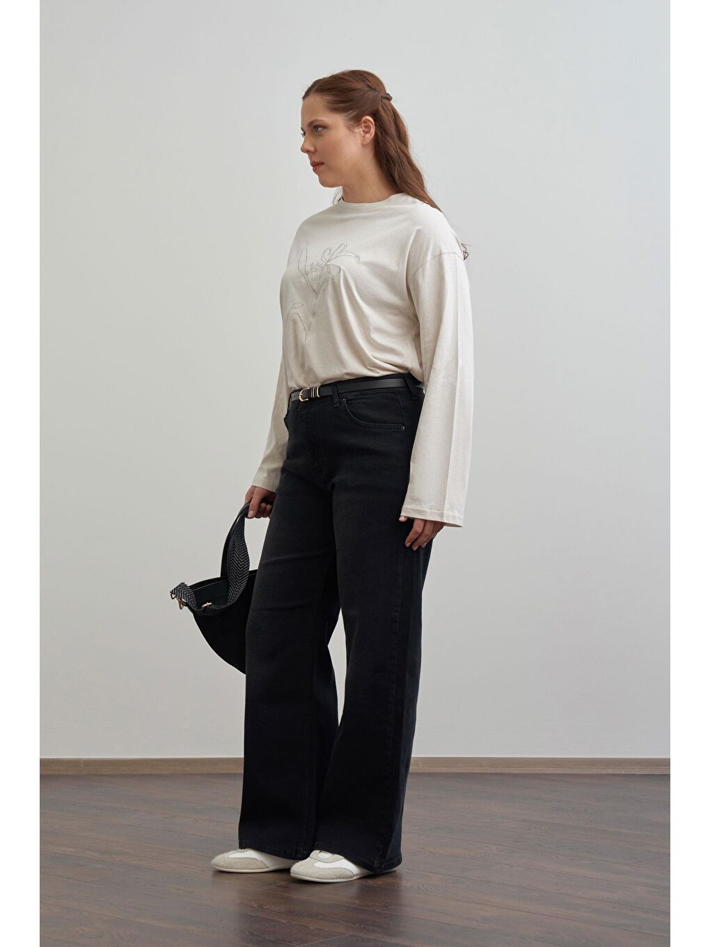 Antrasit-Yüksek Bel Geniş Paça Jean Pantolon-1