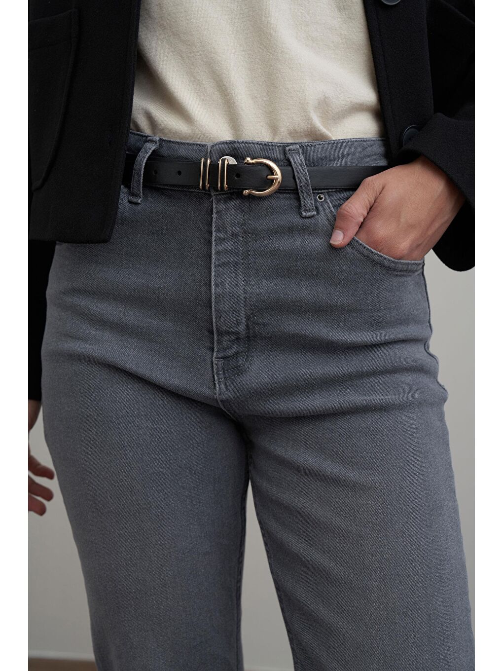 Gri-Yüksek Bel Boru Paça Jean Pantolon-3