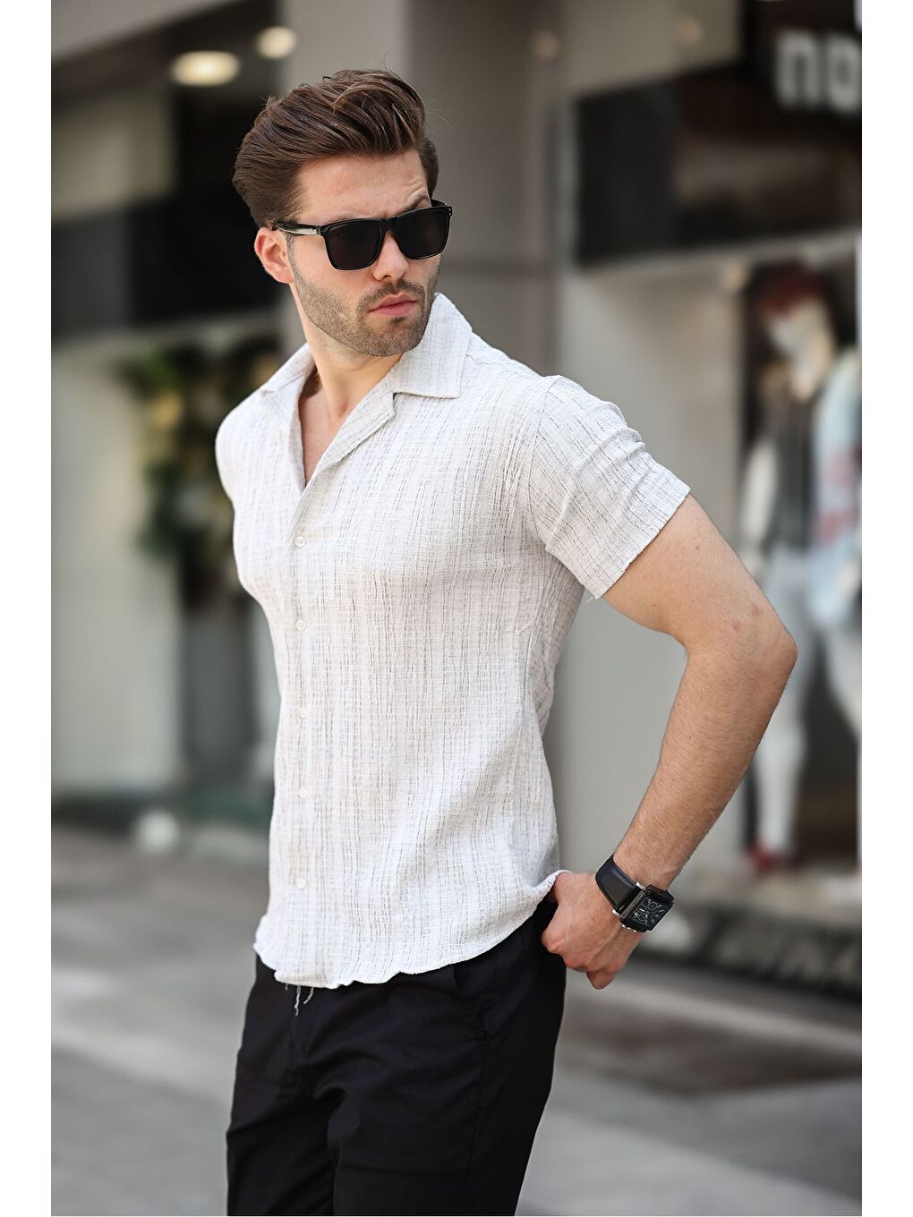 Gri Erkek Yazlık Elastanlı Slim Fit Gömlek Yaka Kısa Kollu Gömlek-2