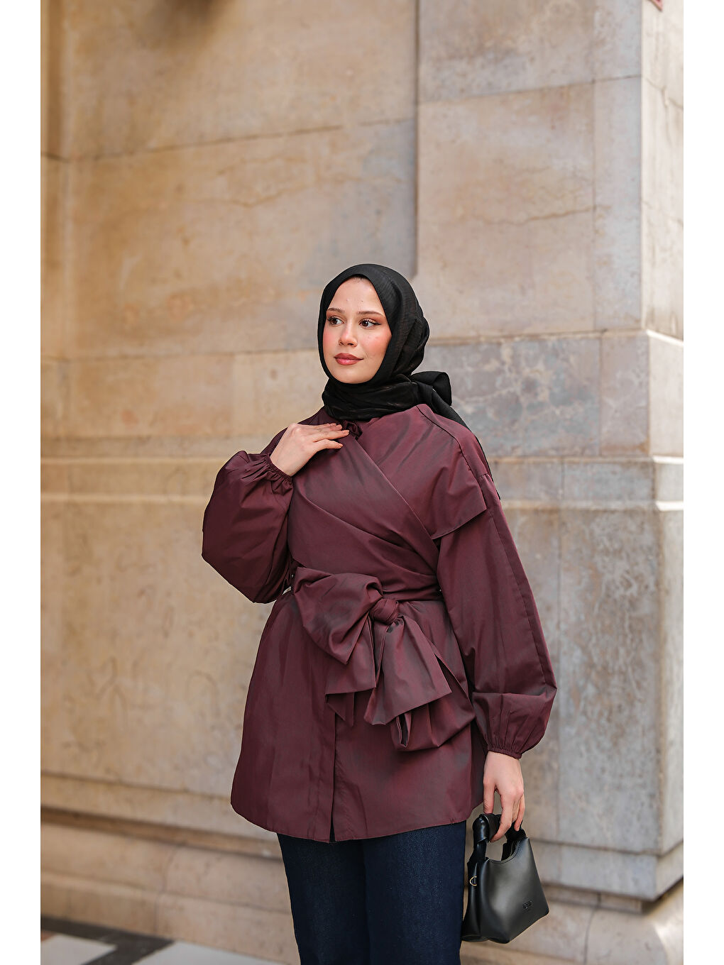 Kadın Önü Drape Detay Poplin Gömlek Bordo-3