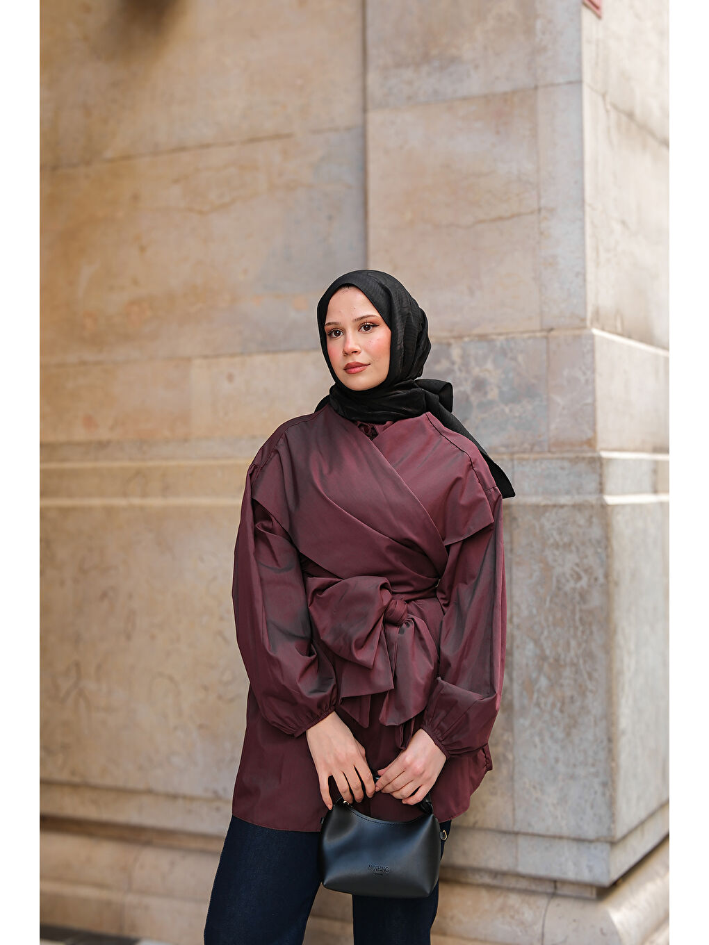 Kadın Önü Drape Detay Poplin Gömlek Bordo-4