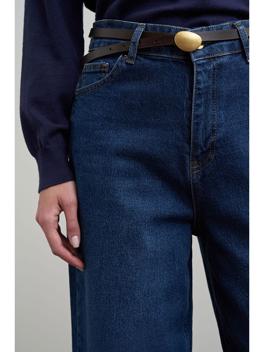 Mavi-Yüksek Bel Mom Paça Jean Pantolon-4