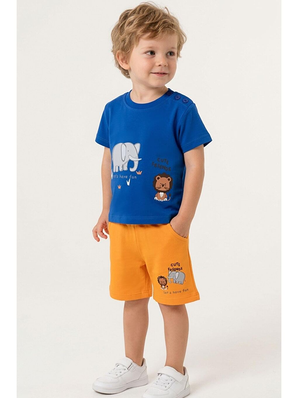 Erkek Bebek Şortlu Takım Sevimli Hayvancık Arkadaşlar Saks Mavisi (9 Ay-3 Yaş)-1