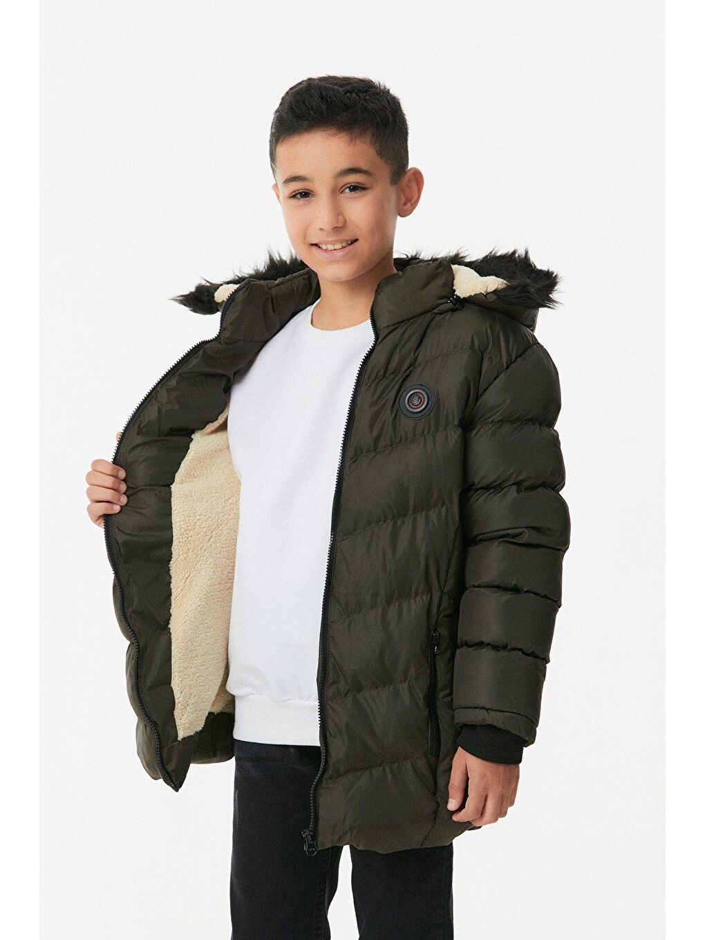 Haki Kapüşonu Kürklü Erkek Çocuk  Şİşme Mont-1