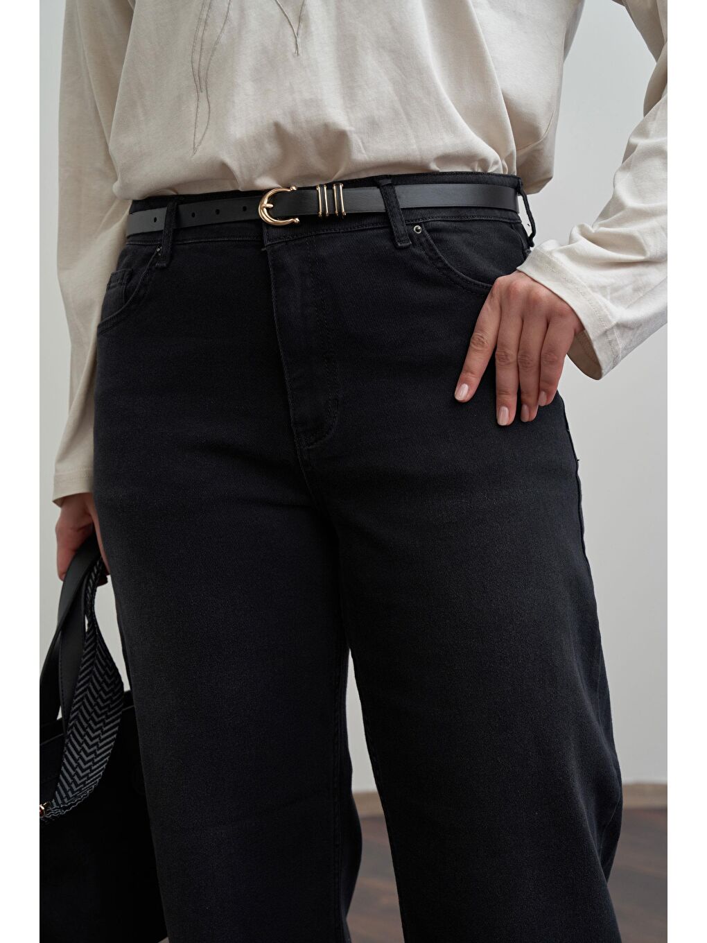 Antrasit-Yüksek Bel Geniş Paça Jean Pantolon-4