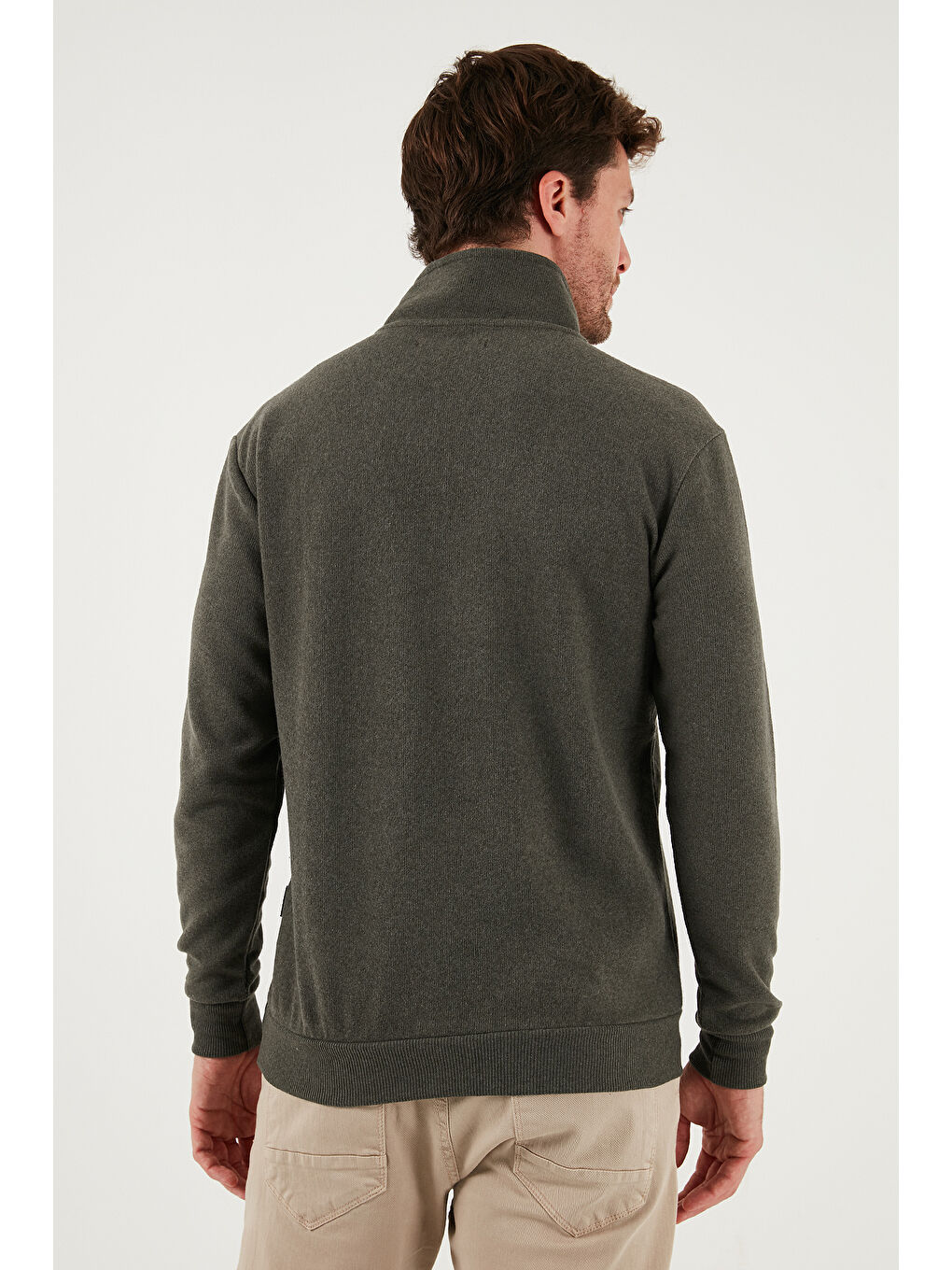 Haki Pamuklu Regular Fit Yarım Fermuarlı Dik Yaka Kazak 456112-5