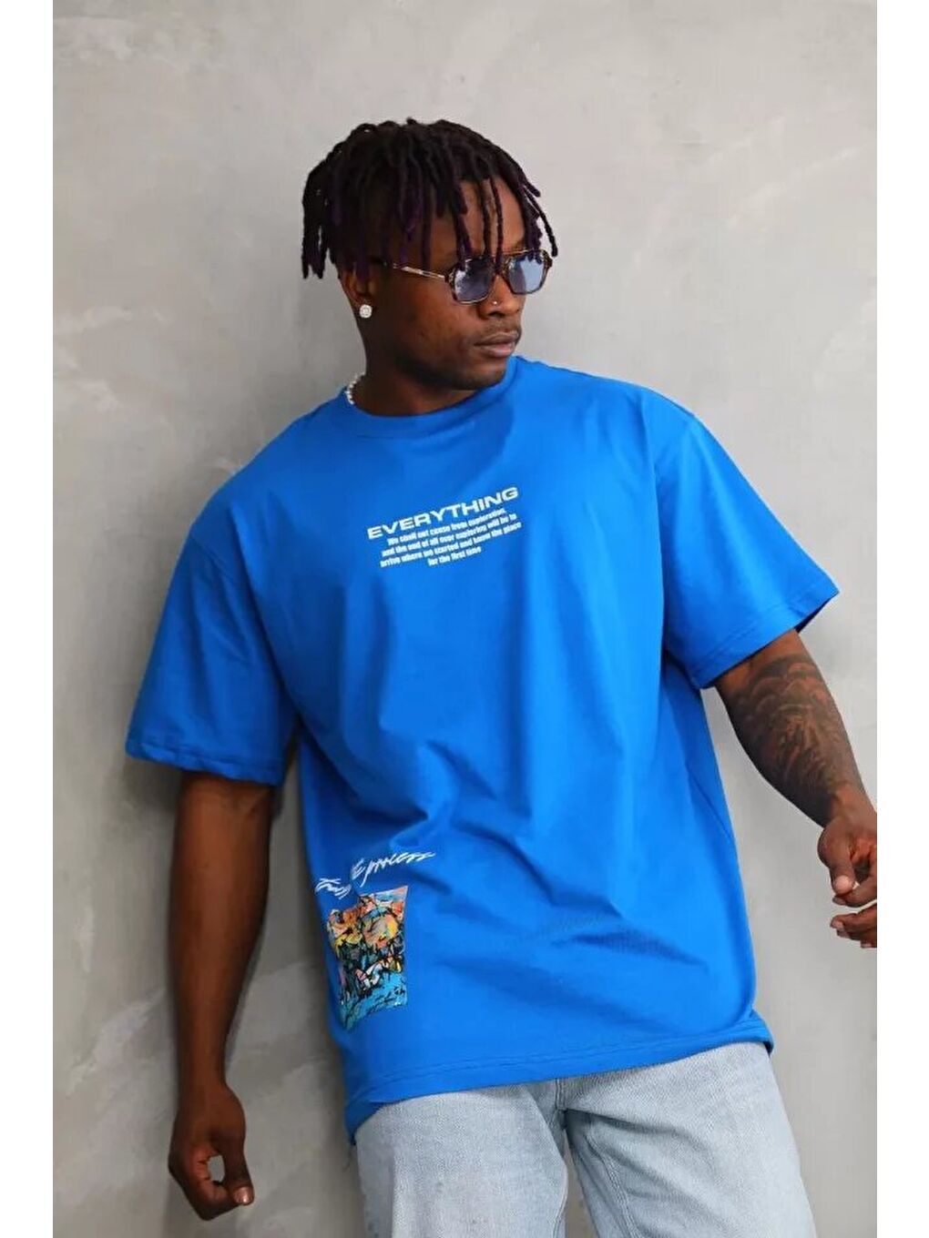 Unisex Bisiklet Yaka Baskılı Oversize T-Shirt - Mavi-1