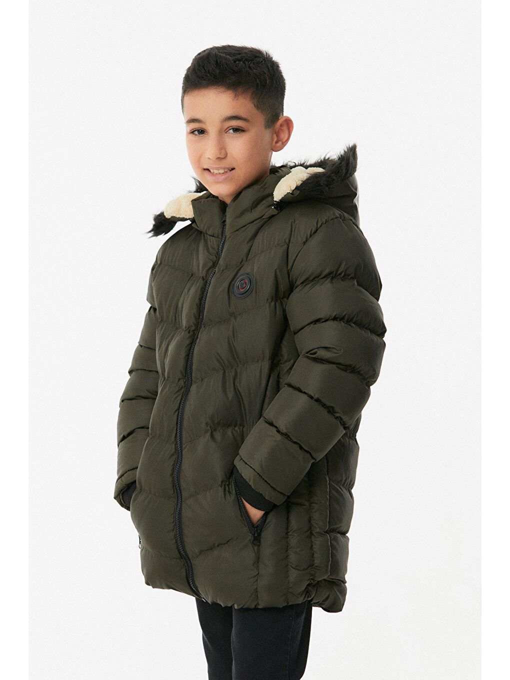 Haki Kapüşonu Kürklü Erkek Çocuk  Şİşme Mont-2