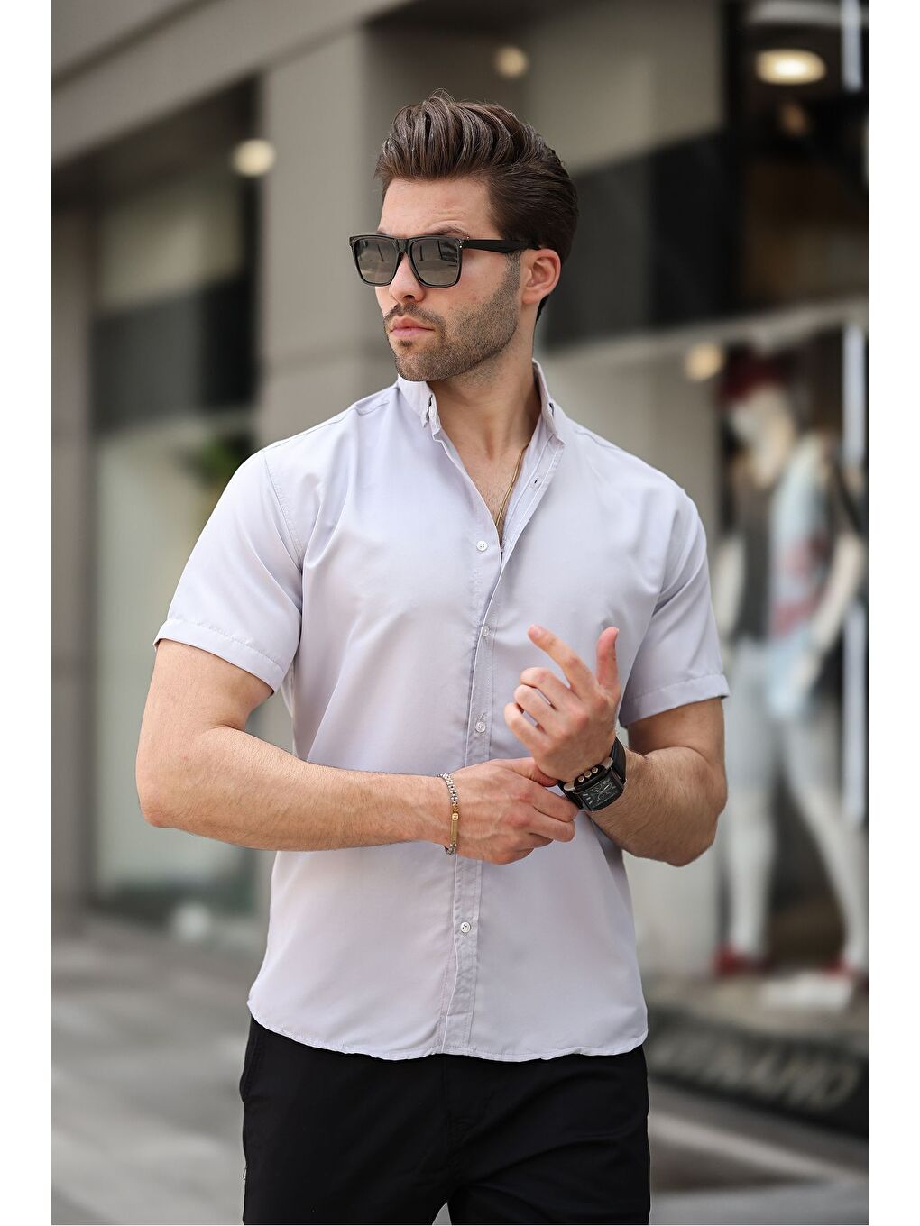 Gri Kısa Kollu Klasik Gömlek-2