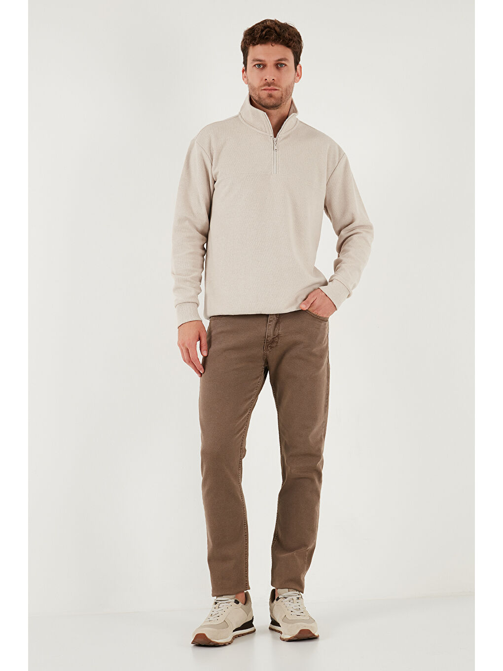 Bej Pamuklu Regular Fit Yarım Fermuarlı Dik Yaka Kazak 456112-1