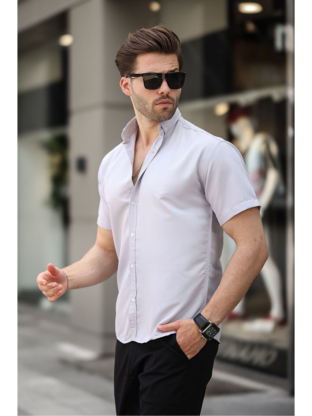 Gri Kısa Kollu Klasik Gömlek-3